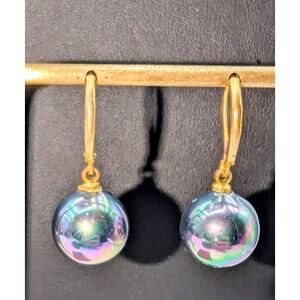 Vintage Round Metallic Gazing Ball Dangle Gold Tone Lever Back Earrings